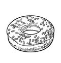 Donut with icing and sprinkles. Vector monochrome engraving