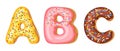 Donut icing upper latters - A, B, C. Font of donuts. Bakery sweet alphabet. Donut alphabet latters A b C isolated on Royalty Free Stock Photo