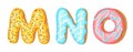 Donut icing upper latters - M, N, O. Font of donuts. Bakery sweet alphabet. Donut alphabet latters A b C isolated on