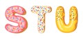 Donut icing upper latters - S, T, U. Font of donuts. Bakery sweet alphabet. Donut alphabet latters A b C isolated on