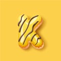 Donut icing yellow upper latter - K Font of donuts. Bakery sweet alphabet. Donut alphabet latter K isolated on yellow