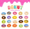 Donut icon set in cartoon style with donut text and dripping pink glaze background. Colorful doughnuts with different glaze. Royalty Free Stock Photo