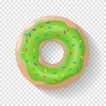 Donut isolated background. Cute donut. Colorful and glossy donut with green glaze and multicolored powder. Realistic vector Royalty Free Stock Photo