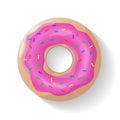 Donut isolated background. Cute pink donut. Colorful and glossy donut with pink glaze and multicolored powder. Realistic vector Royalty Free Stock Photo