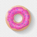 Donut isolated background. Cute pink donut. Colorful and glossy donut with pink glaze and multicolored powder. Realistic vector Royalty Free Stock Photo