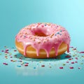 Donut isolated on a blue background. Cute, colorful and glossy donuts with pink glaze and multicolored powder Royalty Free Stock Photo