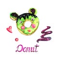 Donut in mouse face shape with chocolate and pistachio glaze, hand painted watercolor illustration with inscription isolated Royalty Free Stock Photo