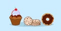 Donut muffin cake chip cookies different sweet freshly baked dessert food concept sketch horizontal