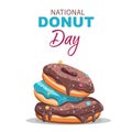 National donut day social media post and advertisement card with assorted delicious donuts on light background. Vector