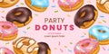 Donut party flyer, confectionery menu. Baked doughnut birthday invitation card, cute fun sweet food with hole. Snacks