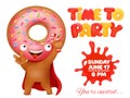 Donut party invitation card with funny cartoon emoticon character.