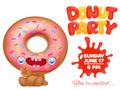 Donut party invitation card with funny cartoon emoticon character