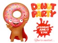Donut party invitation card with funny cartoon emoticon character