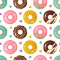 Donut pattern. Seamless texture of sweet desserts. Tasty doughnuts. Cartoon glazed confectionery and colorful heart