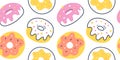 Donut pattern, various glazed donuts with sprinkle, seamless vector background, sugar fast food illustration, doodle