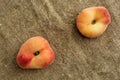 Donut Peaches also known as Saturn peaches on a rustic canvas background. Healthy food consept. Royalty Free Stock Photo