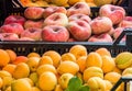 Donut peaches and big apricots in plastic boxes at street fruit market