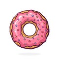 Donut with Pink Glaze and Colored Powder. Dessert Street Food. Vector Illustration. Hand Drawn Cartoon Clip Art With Outline.