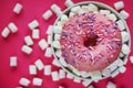 Donut in pink glaze with sprinkles next to small marshmallows and a white plate Royalty Free Stock Photo