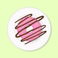 Donut with pink glaze and sprinkles, not healthy diet meal on plate. Vector illustration. Simple flat stock image. Sweets and Royalty Free Stock Photo