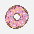 Donut with pink glaze. Tasty cake with decorative colored sprinkles. Vector.