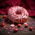 Donut with pink icing and sprinkles on a wooden background Royalty Free Stock Photo