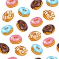 Donut print, dessert food pattern. White and pink, chocolate cream, sweet snacks, glazed confectionery. 3d realistic