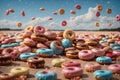 Donut Rain with blue sky and colorful donuts up view. ai generative