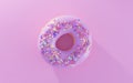 Donut with raspberry glaze and colorful sprinkle isolated on pink background top view. Tasty strawberry doughnut with