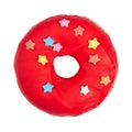 Donut with red icing and sprinkles isolated on white Royalty Free Stock Photo