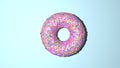 Donut render top view. Donut with pink creme and rainbow sprinkles on the top