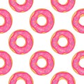 Donut seamless pattern. Cute cartoon doughnuts with pink glaze on a white background. Easy to edit vector template for fabric,