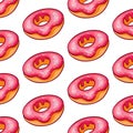 Donut seamless pattern with pink icing in cartoon style. Simple cupcake line design for wallpaper, bakery and cafe menu