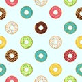 Donut seamless pattern. Sweet summer seamless with cupcake and glazing. Cute donuts. Food dessert or snack for print backdrop.