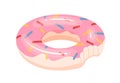 Donut-shaped inflatable rubber ring for swimming in water. Bitten-off glazed pink doughnut toy for pool fun. Flat