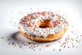 Donut with sprinkles isolated on white background. White yummy, delicious donut. Good for eating