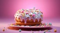 A donut with sprinkles on a plate on a pink background, AI