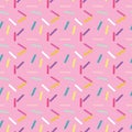 Donut sweet glaze seamless pattern with coconut shavings topping. Colorful sprinkle decoration on candy pink top