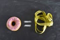 Donut and tailor measure tape on blackboard in sugar sweet abuse and addiction equal body overweight