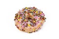 Donut with transparent sugar glazing and colorful chocolate sprinkles on white background Royalty Free Stock Photo