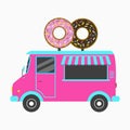 Donut truck. Fast food Bakery van with signboard in form of two tasty donuts. Vector illustration.