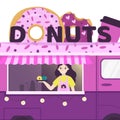 Donut truck. Vector colorful flat. Tasty fried dough confectionery or dessert. Food street store