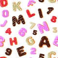 Donut type pattern. Seamless print of colorful biscuit cake alphabet, cute doughnut typeface letters and numbers