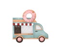 Donut Van. Vintage Van, Kiosk With Pastries And Sweets. Amusement Park. Hand-drawn Illustration
