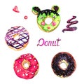 Donut variety collection, set mice shape with chocolate, pistachio, raspberry glaze, hand painted watercolor illustration