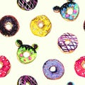 Donut variety collection, set mice shape with chocolate, pistachio, raspberry glaze, hand painted watercolor illustration