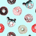 Donut variety collection, set mice shape with chocolate, pistachio, raspberry glaze, hand painted watercolor illustration,