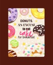 Donut vector doughnut food glazed sweet dessert with sugar chocolate in bakery illustration backdrop set of colorful Royalty Free Stock Photo