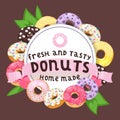 Donut vector doughnut food glazed sweet dessert with sugar chocolate in bakery illustration backdrop set of colorful Royalty Free Stock Photo