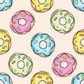 Donut vector seamless pattern, endless background. Cute, colorful and glossy donuts with pink, yellow blue glaze and Royalty Free Stock Photo